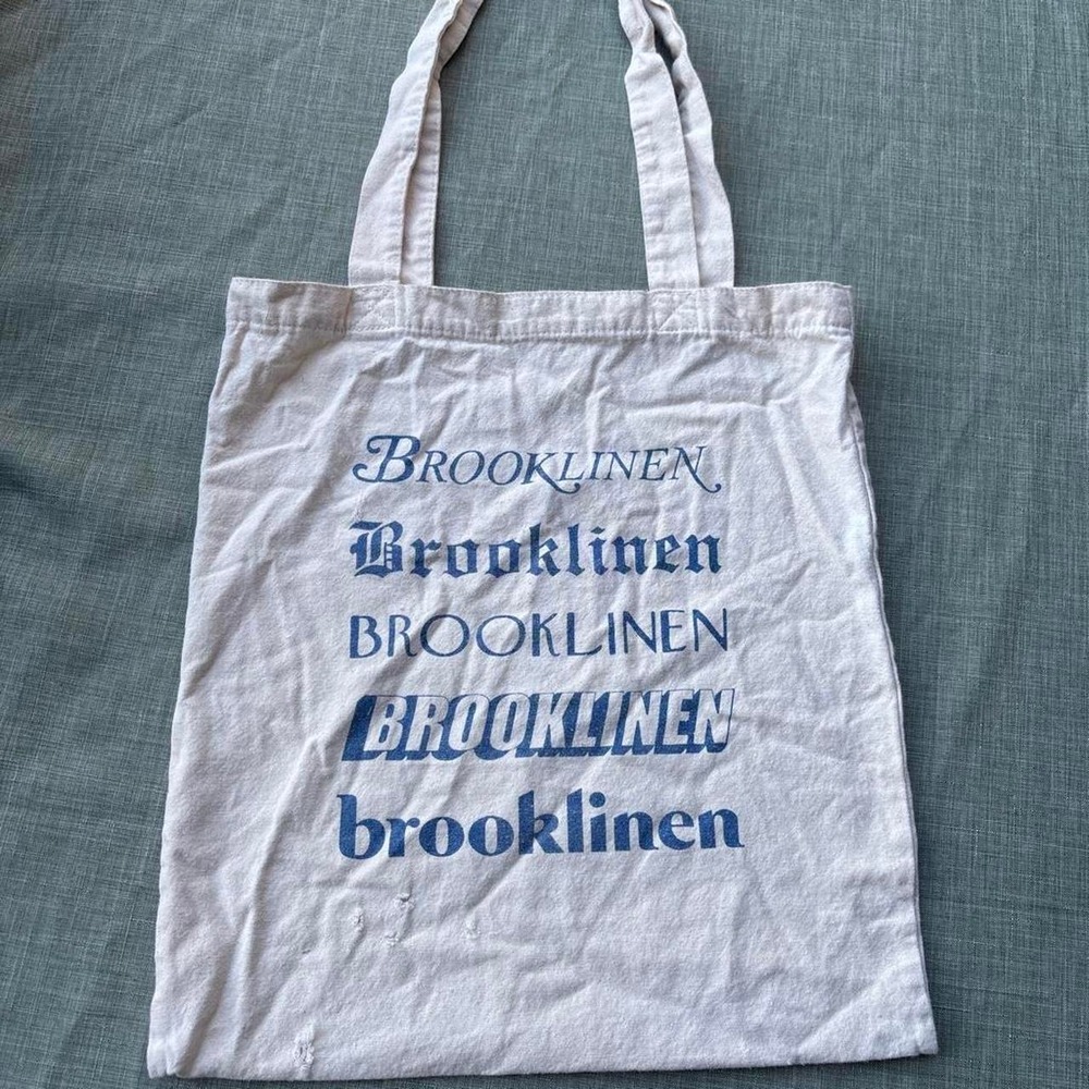 Brooklinen Canvas Tote Bag Cream Blue Multi Font Logo Reusable Shopper Bag